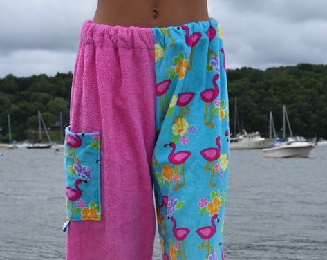 Towel Pants, Reworked Clothes, Cute Sweatpants, Swim Towel, Flamingo Pattern, Towels Kids, Swim Pants, Beach Swimming, Beach Swim