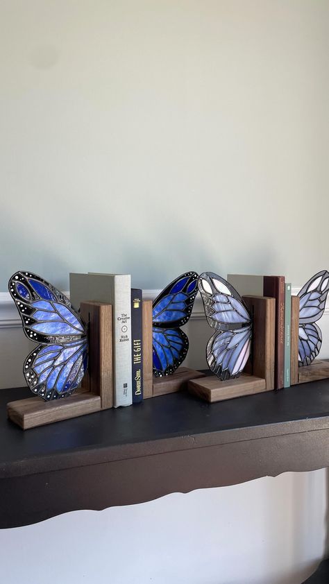 Chats • Instagram Butterfly Bookends, Future Bedroom Ideas, Stained Glass Kits, Diy Bookends, Resin And Wood Diy, Butterfly Project, Butterfly Books, Stained Glass Butterfly, Stained Glass Decor