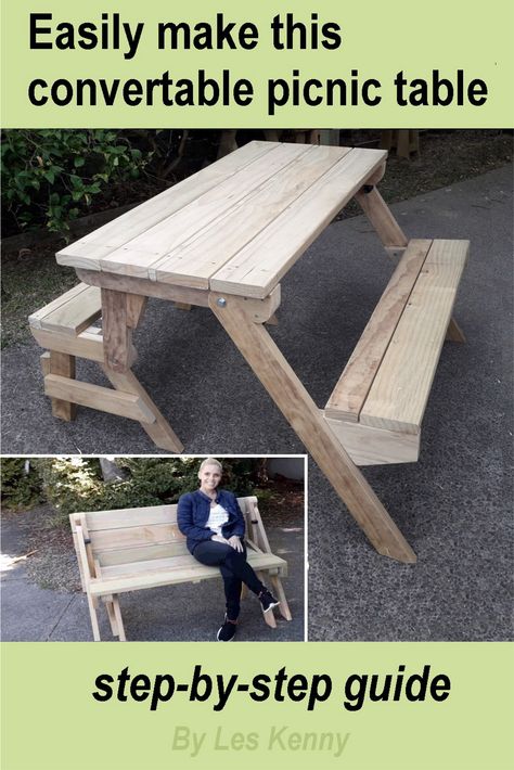 Bench That Turns Into Picnic Table, Convert A Bench Picnic Tables, Picnic Table To Bench Plans, Bench To Table Diy Projects, Diy Foldable Picnic Table, Convertible Picnic Table And Bench, Bench To Picnic Table Diy, Collapsible Picnic Table, Picknick Table