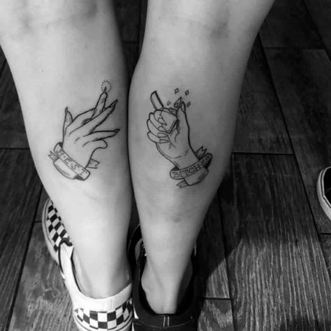 Best Friend Tattoos Characters, Best Buds Tattoo Bff, Matching Best Friend Tattoos Goth, Alcohol Tattoo Ideas Matching, Matching Tattoos For Best Friends Men And Women, Go Together Tattoos, Unique Tattoos Best Friends, Best Buds Tattoo Matching, Crazy Best Friend Tattoos