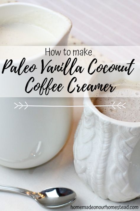 Quick and easy DIY paleo coconut coffee creamer has a hint of vanilla and coconut flavor with the creamy texture and richness of heavy cream. Delicious in your morning coffee and so easy to make! Do you have a favorite homemade creamer? This is ours. Share your recipe and join our natural living rustic community! Coconut Coffee Creamer, Coconut Cream Coffee, Paleo Coffee Creamer, Sugar Free Coffee Creamer, Healthy Coffee Creamer, Dairy Free Coffee Creamer, Paleo Coffee, Cafe Designs, Simple Paleo