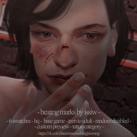 issiw | BEATING MARKS CC BY ISSIW 6 swatches | hq | base... Sims 4 Kiss Marks Cc, Sims 4 Cc Bruising, Sims 4 Injury, Sims 4 Cc Blood Stains, Sims 4 Injury Cc, Sims 4 Blood Cc, Sims 4 Scars Cc, Facial Scars, Scar Tattoo