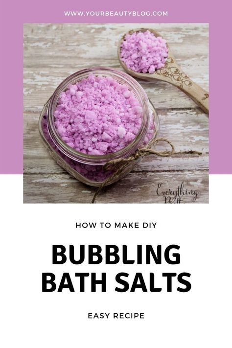 How to make bubbling bath salts. This easy bath salt recipe fizzes and bubbles like a bath bomb. It's an easy fizzing bath salt recipe made with body wash or bubble bath, so it's made without citric acid. You can scent it with essential oils or with fragrance oils. Or use a scented body wash or bubble bath. This is like a bubble bath and bath salts in one, so you get the benefits of both! This is an easy foaming bath salt recipe that's easy to make at home and makes a great gift. Diy Bath Salts Recipe, Bath Salt Recipe, Bath Salts Diy Recipes, Diy Bubble Bath, Diy Bath Salts, Homemade Bath Salts, Bubbling Bath Salts, Natural Bubble Bath, Bath Soak Recipe