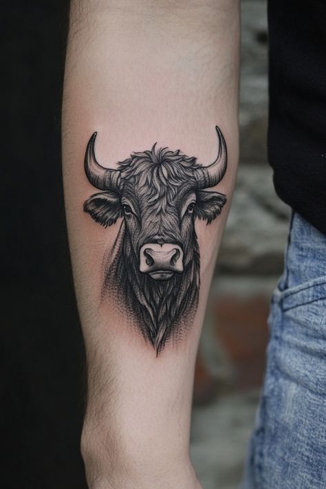 Bull tattoo on forearm. Cow Tattoo Men, Longhorn Tattoos, Bull Tattoo Design, Back Tattoos For Guys Upper, Longhorn Tattoo, Bull Skull Tattoos, Bull Tattoo, Cow Tattoo, Upper Back Tattoos