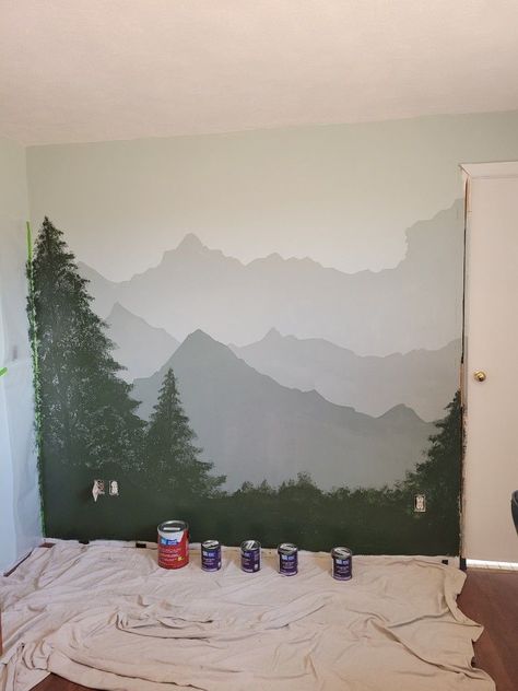 Mountain Wall Painting, Sea Salt Color, Woodland Mural, How To Start Painting, Forest Room, Mountain Wall Mural, Mountain Mural, Oil Painting Lessons, Forest Mural