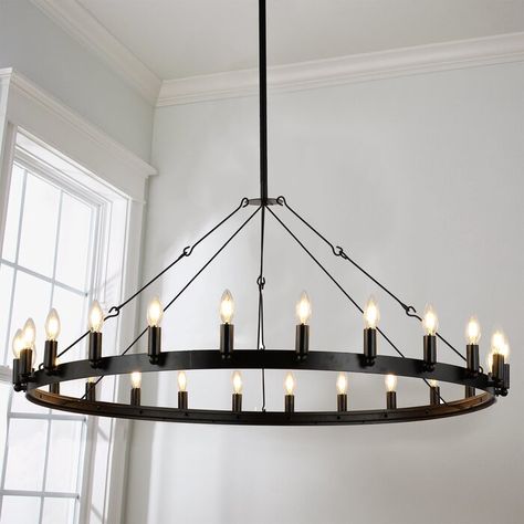 17 Stories Wickstrom 24 - Light Candle Style Wagon Wheel Chandelier | Wayfair Pendant Lights Farmhouse, Black Industrial Chandelier, Modern Farmhouse Industrial, Chandelier Candle, Antique Pendant Light, Farmhouse Industrial, Rustic Pendant Lighting, Industrial Ceiling Lights, Wheel Chandelier