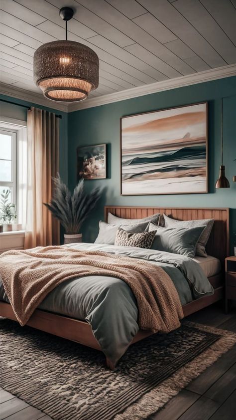 Master Bedrooms Decor Ocean, Dark Green Coastal Bedroom, Slate Blue And Sand Bedroom, Earthy Teal Bedroom, Bed Colors Ideas, Modern Ocean Bedroom, Deep Blue Interior, Coastal Industrial Bedroom, Modern Blue Bedroom Ideas