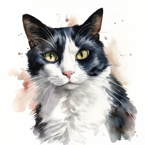 Watercolor Tuxedo Cat, Tuxedo Cat Watercolor, Tuxedo Cat Painting, Tuxedo Cat Art, Cat Digital Art, Pet Portrait Paintings, Cat Portrait Painting, Cat Digital, Cat Art Illustration