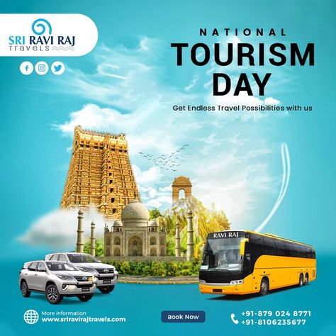 Tourism✈🚌🚕.... A scope🎯 of what makes a person happy🥳 and most alive! With Sri Raviraj Travels🚕🚌 it is worth it. Sri Raviraj Travels maximizes⬆️ the possibility of tourism🇮🇳 on this National Tourism Day🎒 with the best👌 initiations and the favorable😋 conceptions of best vehicles that are provided.    
happy tourism day🤩🤩🥳🥳
#tourismireland #TourismDay #tourism #tourismday2023 #budjetfriendlytravels  #rentals  #carrentalservice #busrentalservice  #busrentals National Tourism Day Creative Ads, Bus Creative Ads, Tours And Travels Creative Ads, World Tourism Day Creative Ads, Tourism Day Creative Ads, National Tourism Day, Study Abroad Travel, Social Media Campaign Design, World Tourism Day