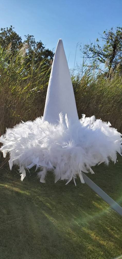 This is the hat for all the good witches to spark;le in this year !! Beautiful lightly sparkled white organza with a feather boa trim, shine all night long in this gorgeous masterpiece ! White Witch Costume, White Witch Hat, Feathered Hat, Witch Hat Halloween, Chincoteague Island, Halloween Hat, Storybook Characters, Halloween Hats, White Witch