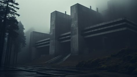 Secret Facility, Alien Music, Dystopian World, Dystopian Aesthetic, Sci Fi Architecture, Sci Fi Landscape, Futuristic Building, Brutalism Architecture, Sci Fi Environment