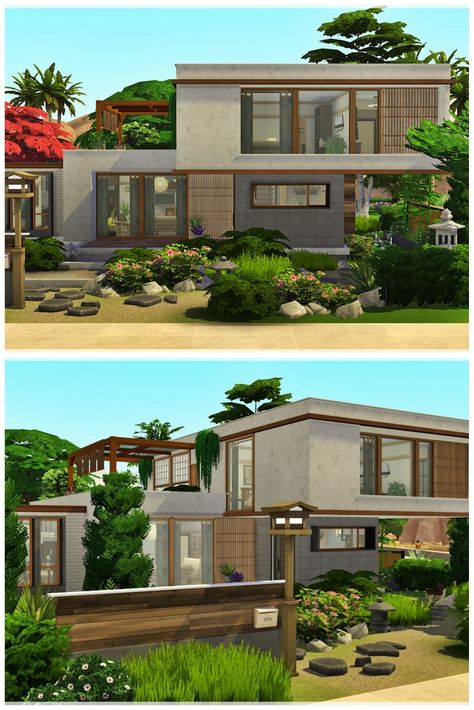 Sims 4 Japandi House, Sims 4 Japanese Modern House, Sims 4 Mount Komorebi House, Sims Japanese House, Sims 4 Mt Komorebi House, Sims 4 House No Cc, Japandi House Design, Japanese House Modern, Sims 4 Japanese House