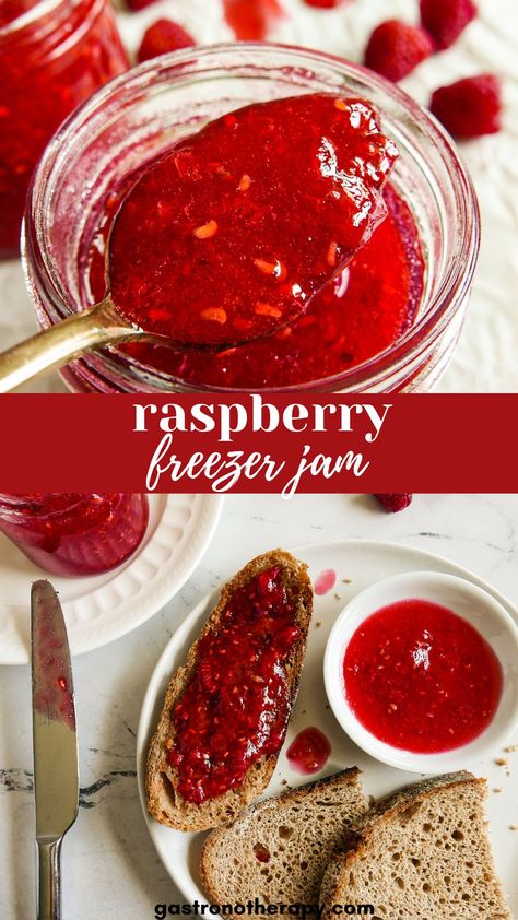 Homemade raspberry jam spread on sourdough toast. Raspberry Freezer Jam Recipe, Canned Jam, Breakfast Spreads, Raspberry Freezer Jam, Low Sugar Jam, Raspberry Jam Recipe, Freezer Jam Recipes, Yogurt Toppings, Home Canning Recipes