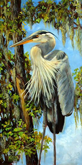 Stately Great Blue Heron by Sharon Repple Acrylic ~ 24" x 12" Blue Heron Art, Heron Art, Louisiana Art, Bird Paintings, Painting Water, Arts Stream, Herons, Bird Artwork, Painting Tutorials