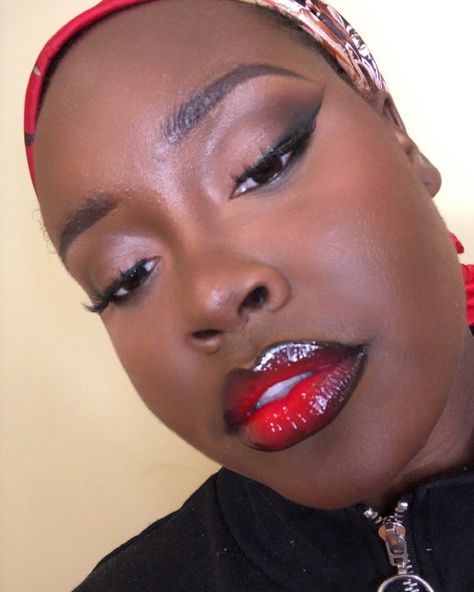 Neutral Makeup With Red Lips, Makeup With Burgundy Hair, Red Lip Dark Liner, Black Lip Liner Red Lipstick, Ombre Lips Black Women, Red Lip Smokey Eye Makeup Look, Smokey Eye Red Lip Makeup, Red And Black Lips, Red Smokey Eye Makeup