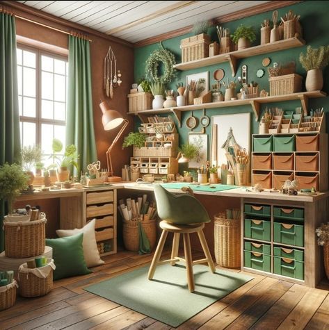 Cosy Craft Room, Craft Shed Interior, Craft Shed Interior Ideas, Cozy Hobby Room, Hobbit Cottage, Garage Art Studio, Feng Shui Room, Dream Art Room, Crafting Room