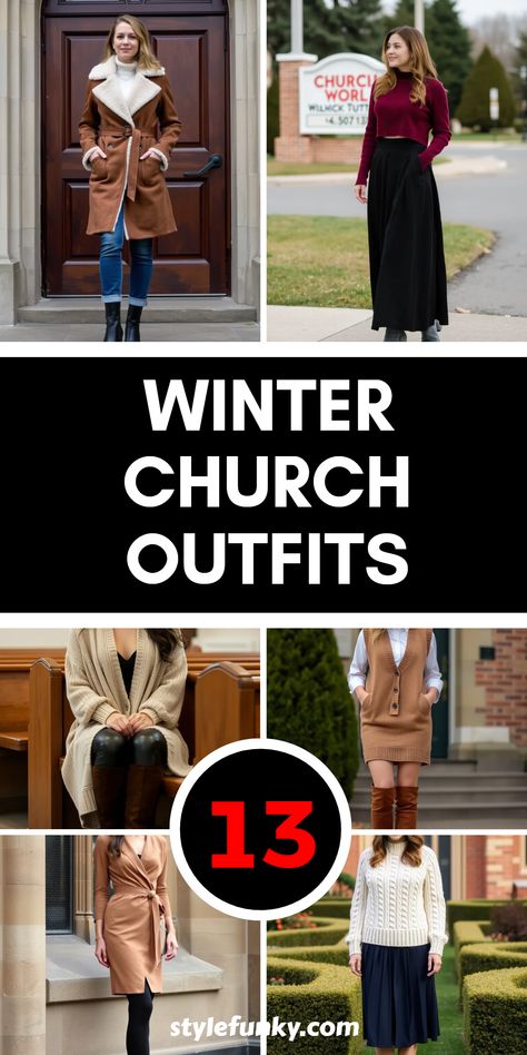 Discover 13 stylish winter church outfits for women that keep you warm and fashionable during the chilly months. From a belted shearling coat teamed with straight-leg jeans to chic cashmere wrap dresses paired with opaque tights, we’ve got your winter fashion needs covered. Explore how you can elevate your look with a chunky cable-knit sweater and pleated midi skirt, or an oversized cardigan with leather leggings. Be the best dressed at Sunday service while staying cozy and comfortable—all winter long! Sunday Outfits Winter, Casual Christmas Church Outfit, Winter Fashion With Boots, Cold Weather Outfits For Church, Church Outfit For Winter, Nye Church Outfit, Warm Church Outfit Winter, Christmas Eve Church Outfit Women, Christmas Sunday Outfit Church