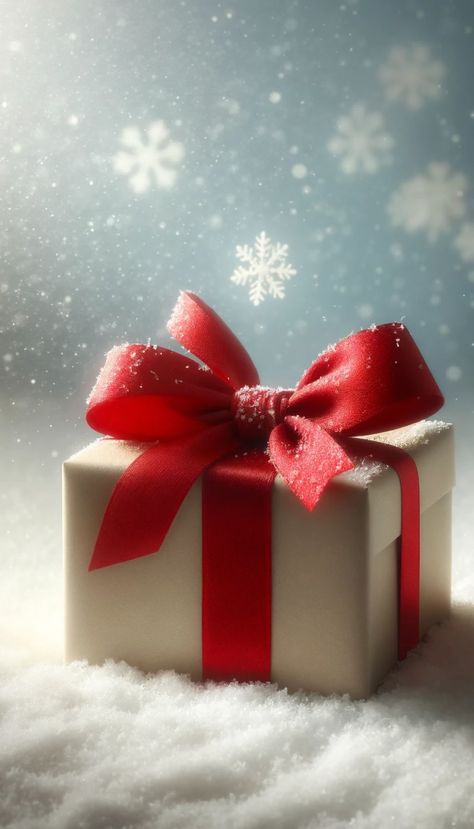 A simple, elegant gift with a red bow on a background of soft, falling snow Red And White Christmas Wallpaper, Christmas Phone Wallpaper Backgrounds, Backgrounds For Christmas, Phone Wallpaper Backgrounds, Sparkle Decorations, Christmas Tree With Presents, Backgrounds For Your Phone, Silver Wrapping Paper, Christmas Wallpaper Backgrounds