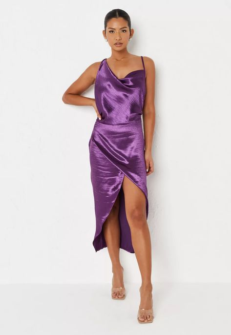 Purple Asymmetric Textured Satin Drape Midaxi Dress | Missguided Missguided Dress, Midaxi Dress, Tartan Dress, Mini Sweater Dress, Mini Slip Dress, Satin Midi Dress, Mini Velvet Dress, Purple Fashion, Long Sleeve Bodycon Dress