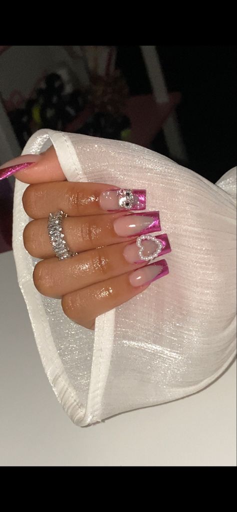 Hot pinl chrome nails Chrome Nails Baddie, Chrome Nails With Charms, Pink Chrome French Tip, Pink Chrome French Tip Nails, Pink Chrome French, Hot Pink Chrome Nails, Chrome French Tip, Nails With Charms, Chrome French