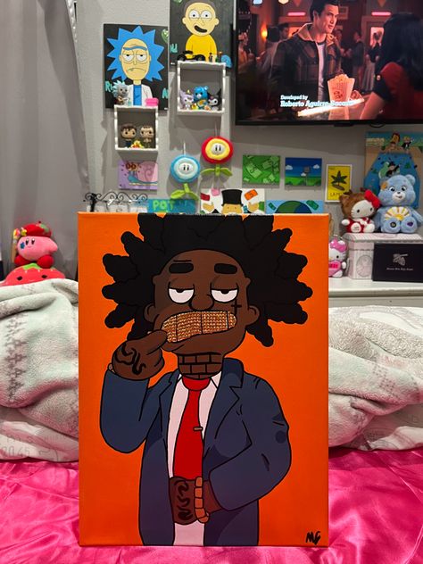 Kodak Black Canvas Painting, Kodak Painting, Easy Paintings For Guys, Rapper Canvas Painting, Kodak Black Painting, Rod Wave Painting, Carton Paintings, Character Paintings On Canvas, Hypebeast Painting Canvas