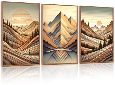 Aryroi Large Abstract Mountain Landscape Canvas Wall Art (16"x24"x3PCS), Framed Nature Scenery Sun Phase Wall Decor, Vintage Mid Century Modern Earth Tone Art Print for Home Living Room Bedroom Office Wall Scenery, Earth Tone Art, Forge Ideas, Condo Decor, Glow Forge, Artistic Vibe, Tone Art, Mountain Artwork, Abstract Mountain