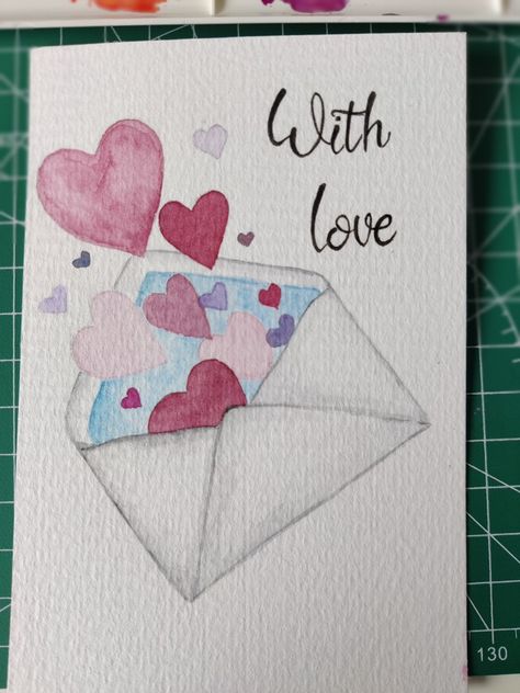 A watercolour painting of an envelope full of different shades of pink and red hearts. Text says with love. Friendship Watercolor Cards, Watercolor Paintings For Boyfriend, Watercolor Art For Boyfriend, Hand Painted Valentines Cards, Watercolour Valentines, Watercolor Valentine Cards, Birthday Drawings, Diy Watercolor Cards, Boyfriend Christmas Card