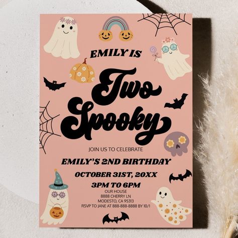 Two Spooky Halloween Second 2nd Birthday Party Invitation Halloween Two Year Old Birthday, Two Year Old Birthday Theme, Two Year Old Birthday, Halloween Themed Birthday Party, Themed Birthday Party Ideas, October Birthday, Ginger Cat, 2 Birthday, Bday Party Ideas