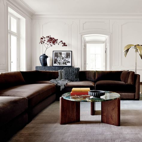 Piazza Espresso Velvet Apartment Sofa | CB2 Taupe Coach Living Room, Mahogany Furniture Living Room Modern, Cb2 Living Room, Black Couch, Black Marble Coffee Table, Brown Couch, Nancy Meyers, Apartment Sofa, Brown Sofa