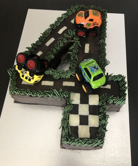 Birthday Cake Monster Truck, Cake Monster Truck, Car Cake Design, Number 4 Cake, Number 3 Cakes, Race Track Cake, Grass Cake, Cars Cake Design, Happy Birthday King