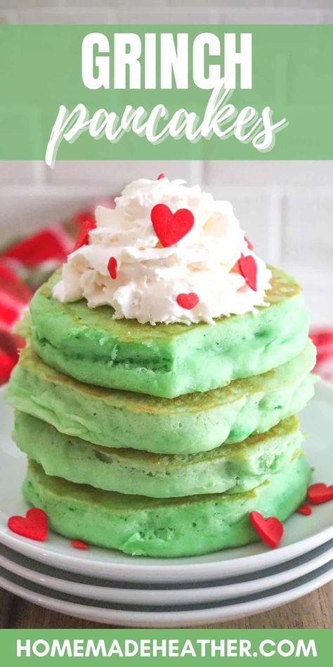 Grinch Pancakes Recipe Pancake Recipe Fluffy, Grinch Pancakes, Salmon Bites Recipe, Green Pancakes, Themed Recipes, Pancake Stack, Pancakes Ingredients, Homemade Pancakes, Green Food Coloring