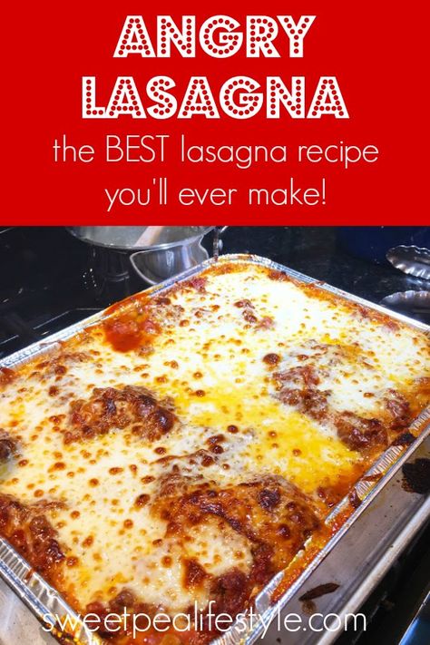 Angry Lasagna is the best lasagna recipe you'll ever make! Using smoked mozzarella and a spicy red meat sauce, this lasagna recipe feeds a crowd! Spasagna Recipe, Deep Dish Lasagna Recipe, Spicy Lasagna Recipe, Smoked Lasagna, Dinner Ideas For A Crowd, Best Ever Lasagna, Red Meat Sauce, Easy Lasagne Recipes, Lasagna Recipe Without Ricotta