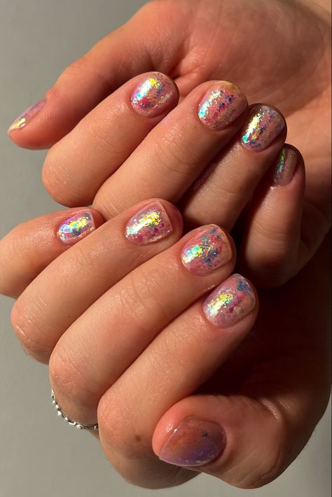 Nail art using iridescent flakes over a natural gel manicure Chrome Flakes Nails, Iridescent Flake Nails, Natural Gel Manicure, Flake Nail Art, Flake Nail, Nail Flakes, Gel Manicure, Nail Ideas, Manicure