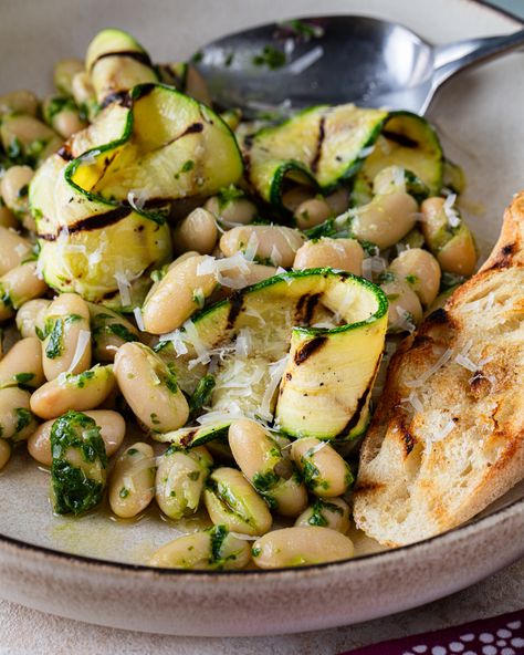 Grilled Zucchini Ribbons, White Beans & Pesto Zucchini Bean Salad, Zucchini And White Beans, Creamy Garlicky Courgette And Butterbean Bowl, Ribbon Zucchini Recipes, Zucchini Ribbons Recipes, Zucchini And Beans Recipes, Zucchini White Bean, Pesto Beans, Zucchini Lunch