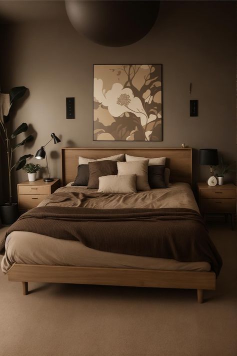 Light Brown Bedroom Ideas Cozy, Brown Beige Home Decor, Dark Neutral Master Bed, Interior Wall Colors Neutral, Beige Bedroom Dark Furniture, Dark Beige Bedroom Walls, Rustic Brown Bedroom Ideas, Dark Beige Room, Dark Brown Room Aesthetic