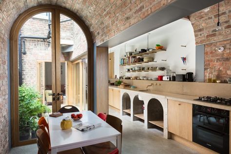 Paved Pathway, Brick Backsplash Kitchen, Brick Archway, Warehouse Living, Victorian Terraced House, Barrel Ceiling, Steel Beam, Victorian Terrace House, Best Home Interior Design