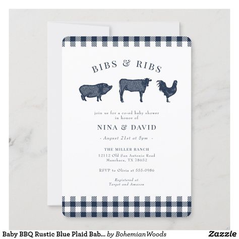 Baby BBQ Rustic Blue Plaid Baby Shower Invitation Babyque Shower, Plaid Baby Shower, Summer Invitation, Blue Baby Shower Invitations, Rustic Baby Shower Invitations, I Do Bbq, Baby Shower Bbq, Coed Baby Shower, Baby Q