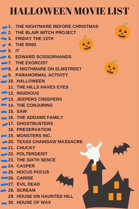 Scary Movie List, Snack Halloween, Halloween Films, Nightmare Before Christmas 2, Veselý Halloween, Halloween Movies List, Halloween Bucket List, Halloween Sleepover, Kostuum Halloween