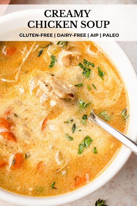 This homemade Creamy Chicken Soup is rich, silky, and the ultimate comfort food. It’s brimming with tender vegetables, fresh herbs, and deliciously seasoned, juicy chicken in a creamy, savory broth. This gluten-free & dairy-free chicken soup is also paleo and AIP-friendly. #chickensoup #creamychickensoup #dairyfreechickensoup #glutenfreechickensoup #souprecipes #healthysoups #wintersoups #paleorecipes #healthyrecipes #winterrecipes #glutenfreerecipes #dairyfreerecipes #homemadesoup Low Carb Dairy Free Soup Recipes, Low Histamine Chicken Soup, Low Histamine Instant Pot Recipes, Clean Soup, Creamy Chicken And Rice Soup, Low Histamine Recipes, Instant Pot Chicken And Rice, Whole30 Soup Recipes, Postpartum Meal