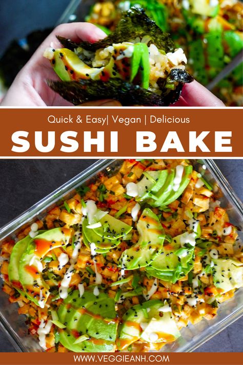 Seafood Free Sushi, Vegetarian Sushi Cups, Tofu Sushi Bake, Lazy Sushi Bake, Veggie Sushi Bake, Veggie Musubi, Vegan Sushi Bake Recipe, New Vegan Recipes, Vegetarian Sushi Bake