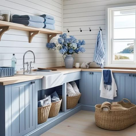 Home Office Coastal Style, Blue And White Laundry Room, Coastal Laundry Room, Blue Laundry Room, Coastal Styling, Laundry Room Decor Ideas, Sink Laundry Room, Laundry Room Colors, Closet Laundry Room