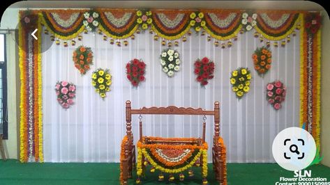 Cradle Decoration, Indian Baby Shower Decorations, Naming Ceremony Decoration, Indian Wedding Decorations Receptions, Engagement Stage Decoration, Indian Baby Showers, Simple Stage Decorations, Birthday Decorations At Home, Cradle Ceremony