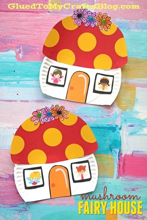 Paper Plate Mushroom Fairy House - Kid Craft - Spring Themed Art Project For Children - Free Printable Templates Included! Fairytale Crafts For Preschool Art Fairy Tales, Magic Crafts For Toddlers, Fairytale Craft Ideas, Fairy Arts And Crafts, Fun Crafts For Kindergarten, Fairytale Themed Crafts, Enchanted Forest Crafts For Kids, Imagination Crafts For Preschoolers, Fairy Tale Art Projects For Kids