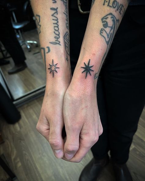 Small Hand Stick And Poke Tattoo, Double Wrist Tattoo, Cool Friendship Tattoos, Matching Guy Tattoos, Wrist And Hand Tattoos For Women, Traditional Star Tattoo, Finger Tattoos Women, Corresponding Tattoos, Balance Tattoos