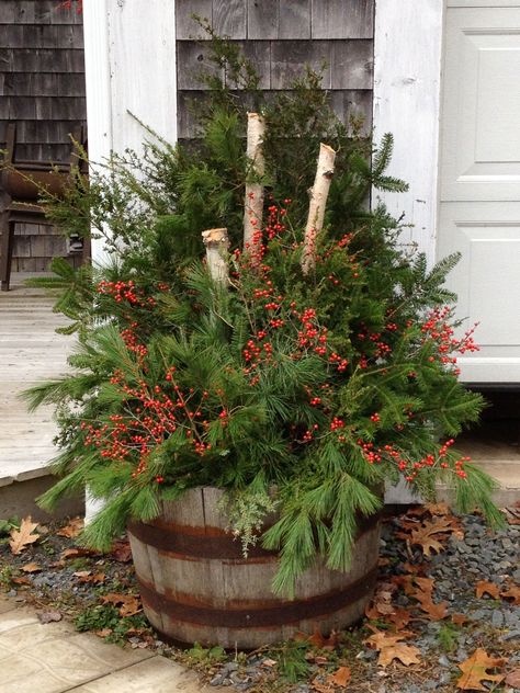 Whiskey Barrel Ideas, Creative Halloween Costume Ideas, Whiskey Barrel Planter, Outdoor Christmas Decoration Ideas, Barrel Ideas, Olive Bucket, Iconic People, Barrel Decor, Winter Planter