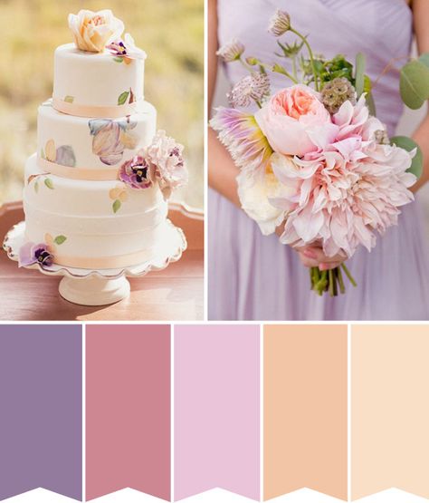 Purple and peach wedding inspiration - a colour palette of lavender and apricot, this is the perfect summery or spring romantic wedding look Pink Wedding Nails, Wedding Color Scheme, Popular Wedding Colors, Spring Wedding Colors, Simple Wedding Cake, Wedding Palette, Wedding Theme Colors, Peach Wedding, Wedding Color Palette