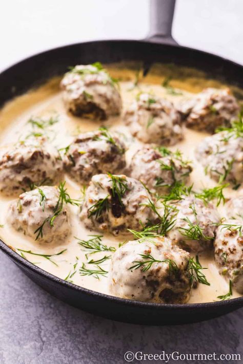 Lamb Meatballs with a Creamy Dill Sauce Lamb And Pork Meatballs, Ground Lamb Meatballs Recipes, Lamb Balls Meatball Recipes, Lamb Balls, Lamb Meatballs Recipe, Lamb Meatballs Greek, Meatball Seasoning, Creamy White Wine Sauce, Meatball Dinner