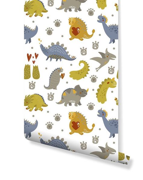 Colorful Dinosaur Kids Removable Wallpaper, Self Adhesive Wall Paper for Nursery and Kids Room, Peel Gold Wallpaper For Walls, Dinosaur Kids Room, Dinosaur Wallpaper, Lime Paint, Hallway Bathroom, Dinosaur Nursery, Kitchen Hallway, Beige Wallpaper, Peel And Stick Vinyl