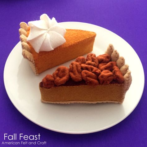 Happy Pi(e) Day! Felt Food Pie Patterns for your play kitchen. | ~American Felt & Craft ~ Blog Felt Food Pattern, Felt Cookies, Fall Feast, Felt Food Patterns, Felt Food Diy, Yam Or Sweet Potato, Felt Cake, Pie Slice, Felt Pumpkins