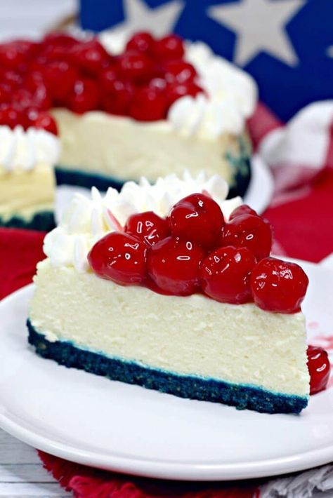 Red White Blue Cheesecake, Red White And Blue Cheesecake, Blue Cheesecake, Wendys Frosty Recipe, Memorial Day Desserts, Blue Velvet Cakes, Frosty Recipe, Cherry Filling, Vanilla Cheesecake